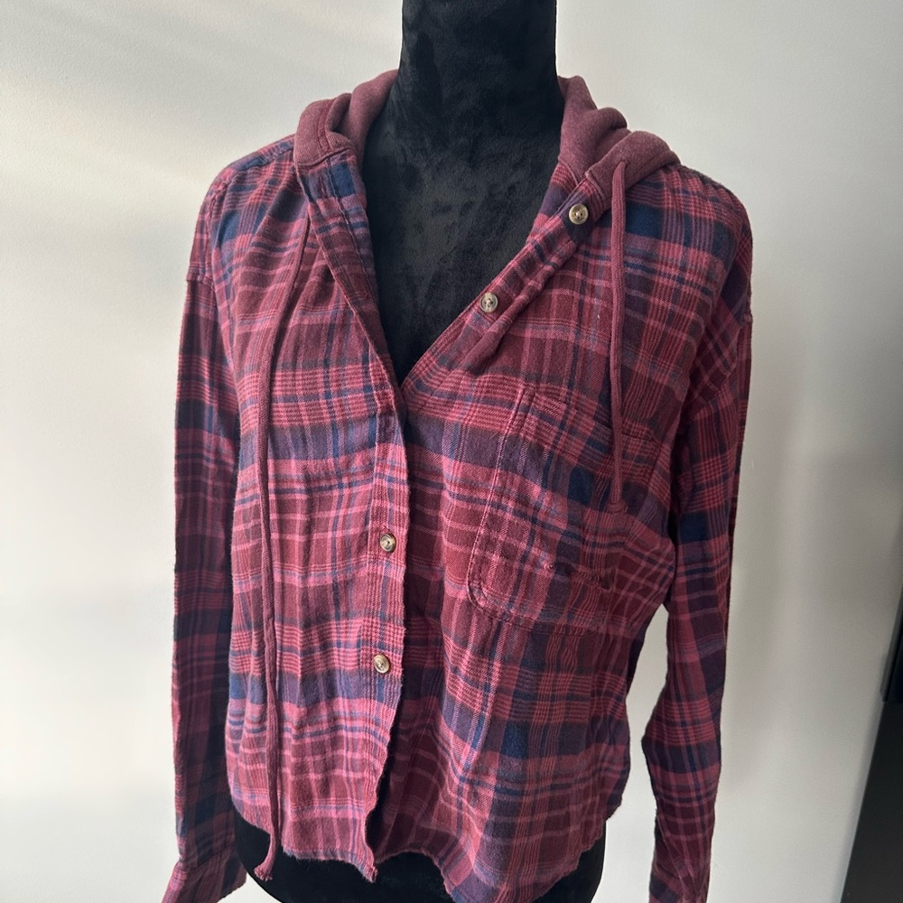 American Eagle Outfitters Red and Blue Hooded Plaid Jacket